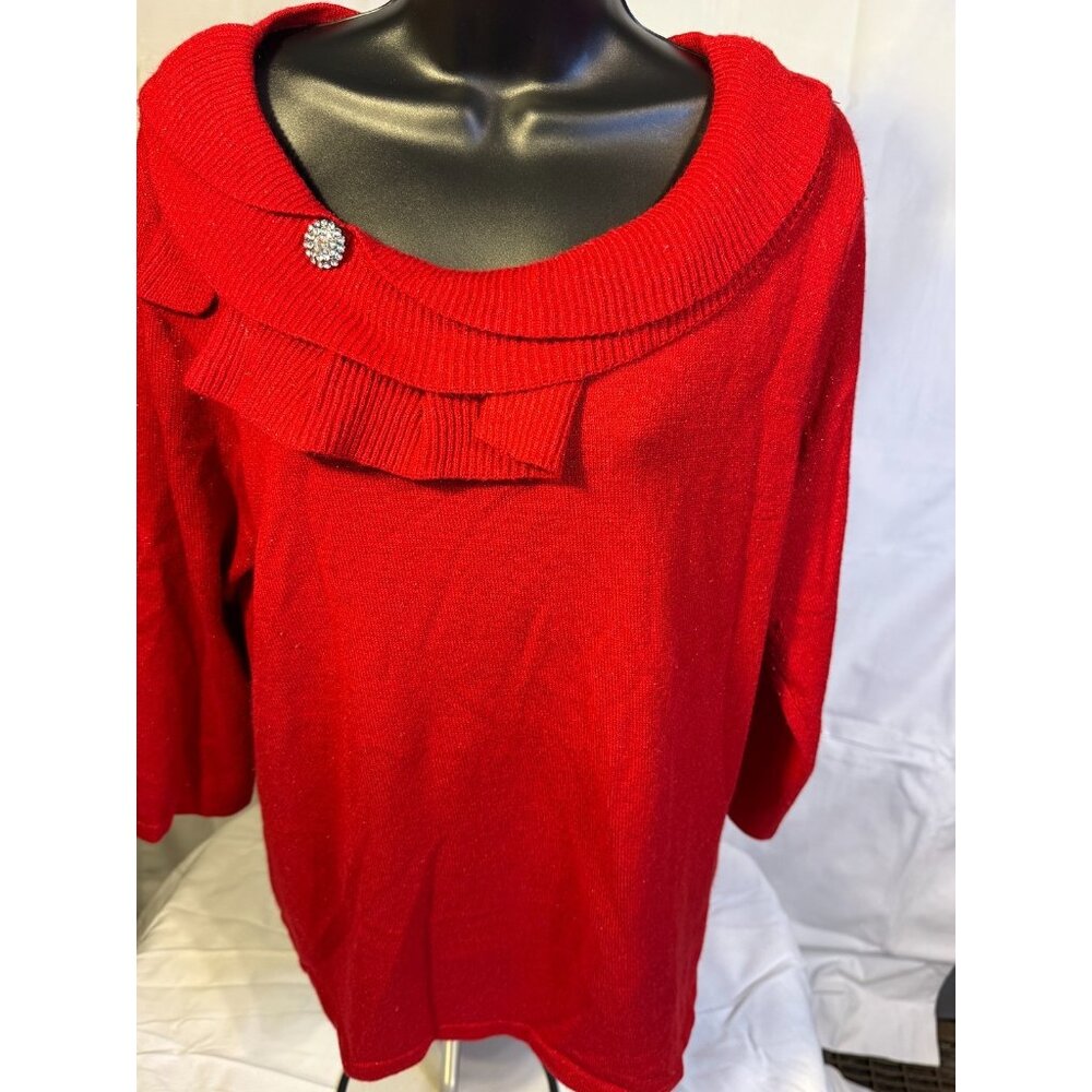 Red Sparkle Granny Sweater Women’s XL Bling Ruffle Sag Harbor Party Glam Indie